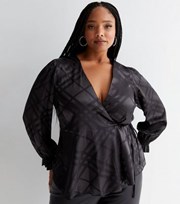 New Look Curves Black Check Jacquard Satin V Neck Long Sleeve Peplum Wrap Top